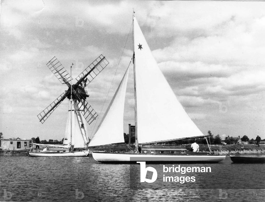 A sailing boat on the Norfolk Broads, 1960 (b/w photo)