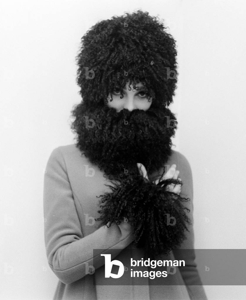 Mary Quant fashion clothing
Wool coat with afro fur trim on cuffs and collar odel also wearing matching hat
