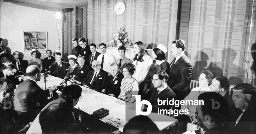 News press conference after Britain's first heart transplant was successfully carried out (3rd May) by a team of 18 doctors and nurses at the National Heart Hospital in Marylebone, London. Pictured Saturday 4th May 1968 (b/w photo)