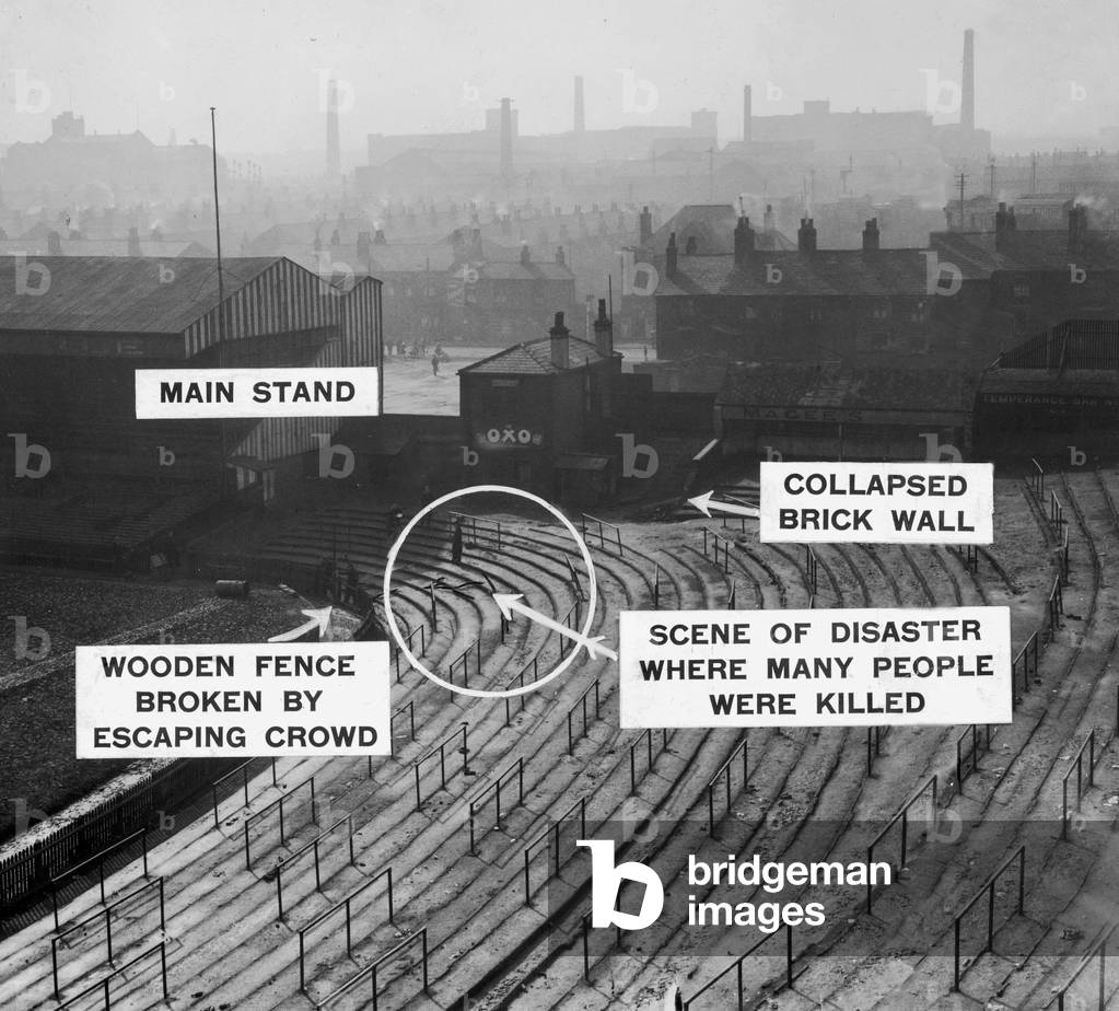 On 9 March 1946, crowd congestion led to 33 Bolton Wanderers F. C. spectators losing their lives through asphyxiation and hundreds suffering injuries in a crowd estimated to be in excess of 85,000 people, whilst watching their team take on Stoke City F. C. in the Sixth Round second-leg of the FA Cup. Photo-diagram showing how the crowd entered the stadium from the railway embankment to swell the number already packed in the stands (photo)