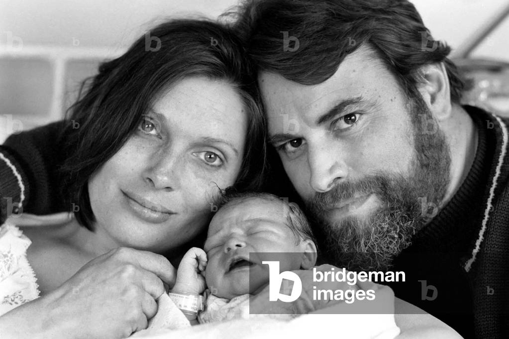 Actor Brian Blessed with wife and new baby, April 1975 (b/w photo)