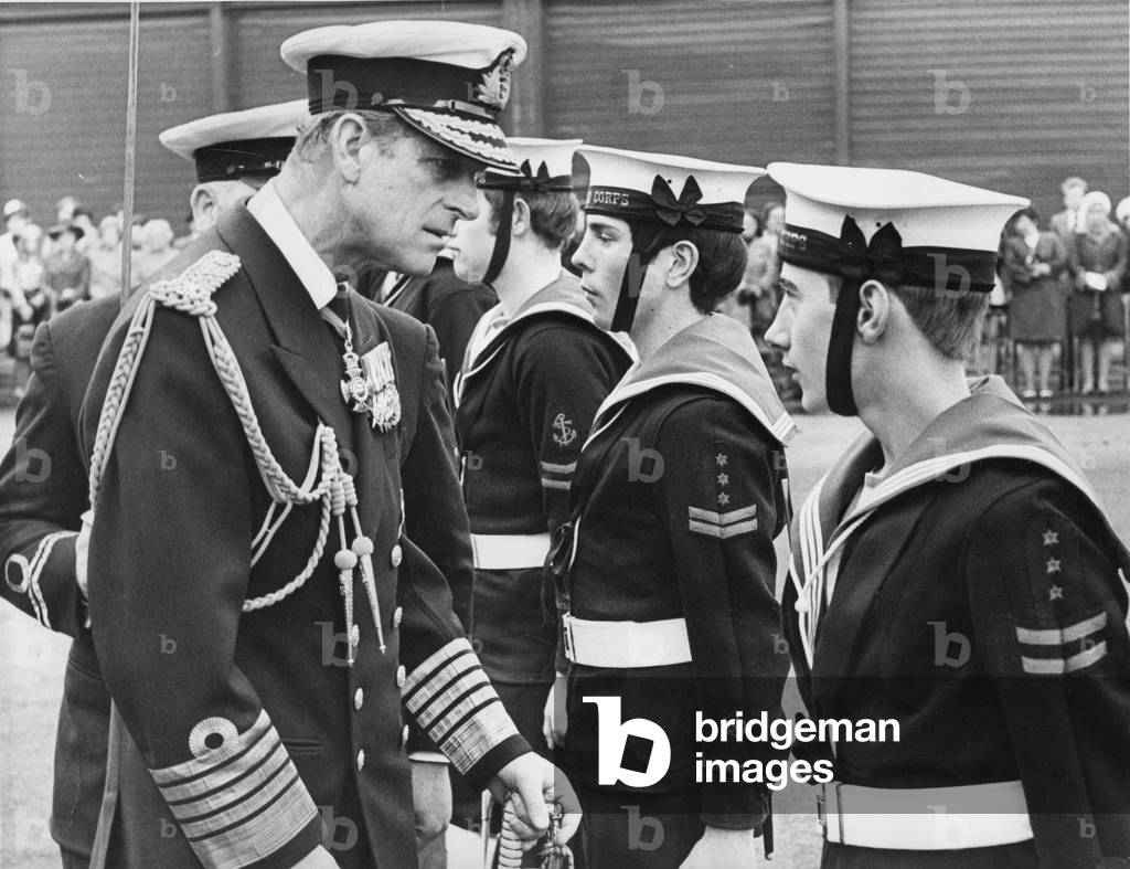 Prince Philip, Duke of Edinburgh, inspecting the Royal Guard of Sea Cadets at the Knightsbridge TAVR Drill Hall, 8th November 1974