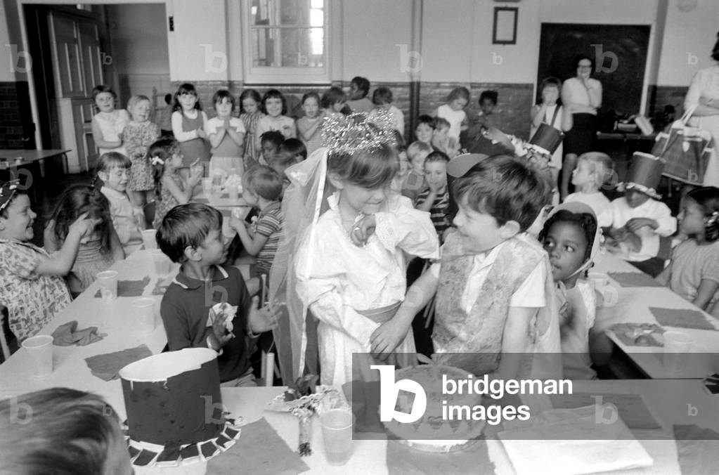 School Wedding at the Sir William Burrough Primary School Salmon Lane, Stepney, East 1, June 1970