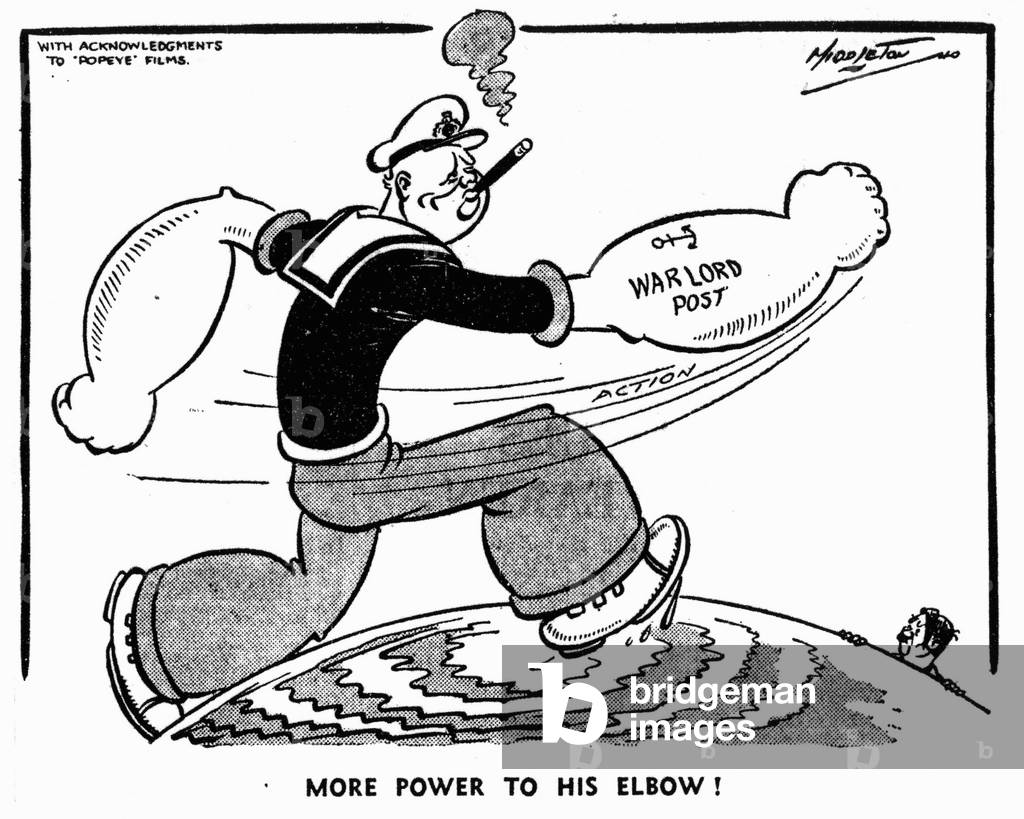 Middleton Birmingham Gazette cartoon: More power to his Elbow. 9th May 1940 (print)