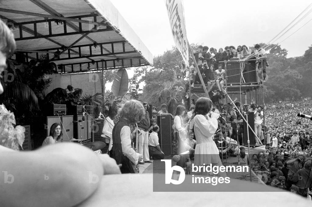 The Rolling Stones on stage at their free concert in London's Hyde Park on 5 July 1969
