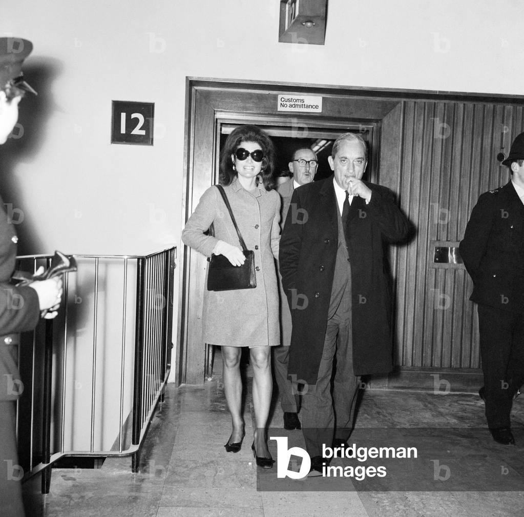 Arrival of Greek shipping tycoon Aristotle Onassis and his wife Jacqueline Onassis (formerly Jackie Kennedy) at London Airport. 15th November 1968 (b/w photo)