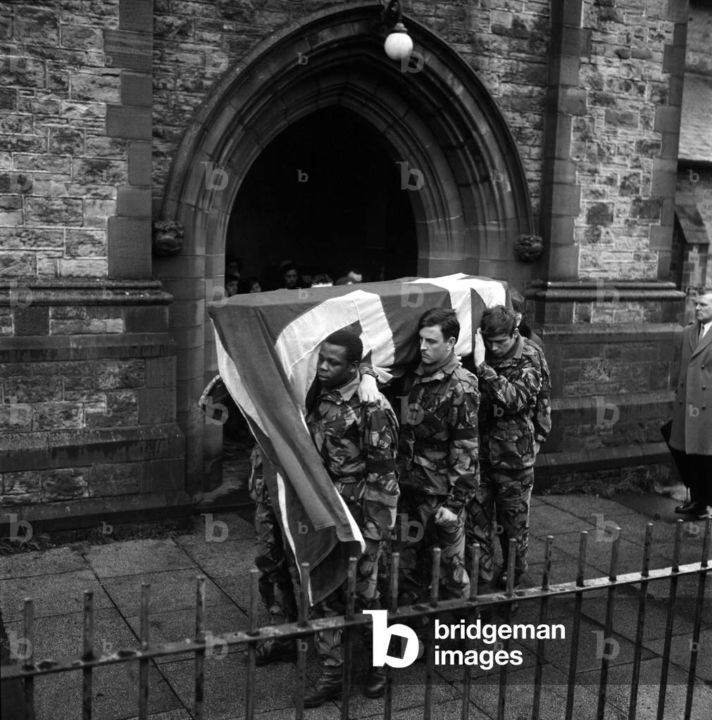 The funeral of private Michael Murtagh, 23, of branch Rd LWR Drawin who died from head injuries after his saracin car was ambused in the Lower Falls area of Belfast. February 1973 73-1446-001