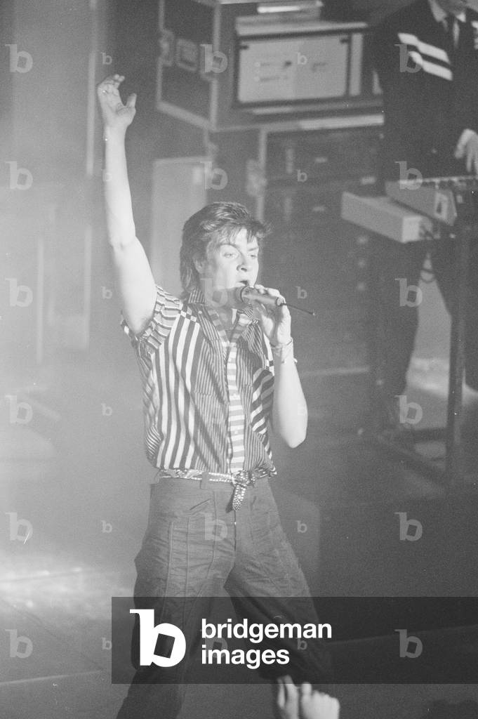 Duran Duran performing on stage at the Montreux Golden Rose Pop Festival, Montreux, Switzerland, 11th May 1984 (b/w photo)