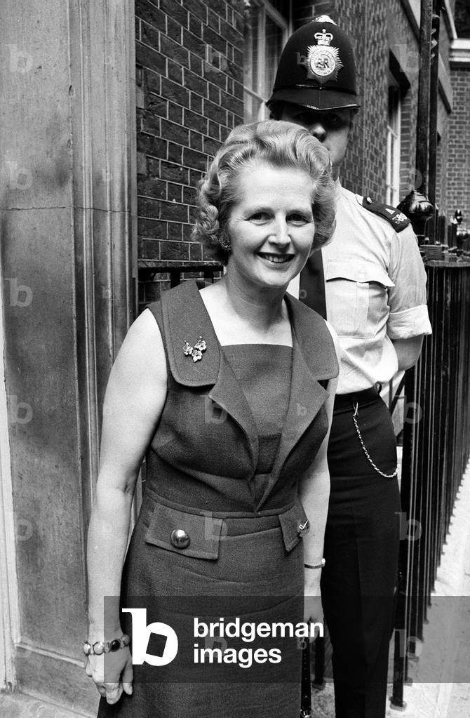 Margaret Thatcher arriving at Downing Street for the first time as minister of state for Education, June 1970 (b/w photo)