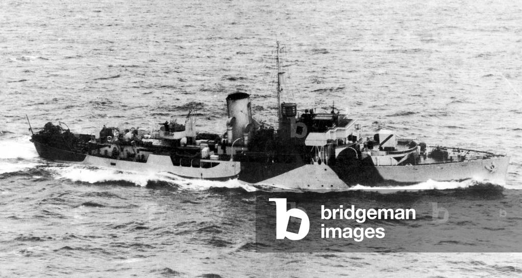 HMS Eglantine a Norwegian Flower Class Corvette seen here on convoy duty in the Western Approaches. 11th January 1943 (b/w photo)