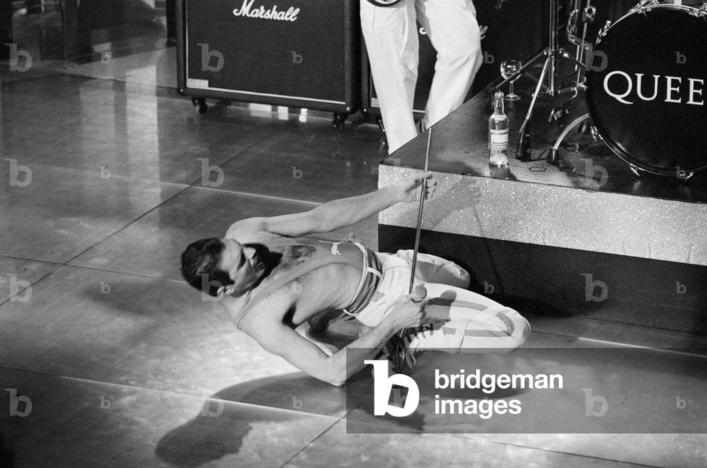 British Rock group Queen performing at the Golden Rose Pop festival in Montreux, Switzerland. Pictured is lead singer Freddie Mercury on stage. 12th May 1984.