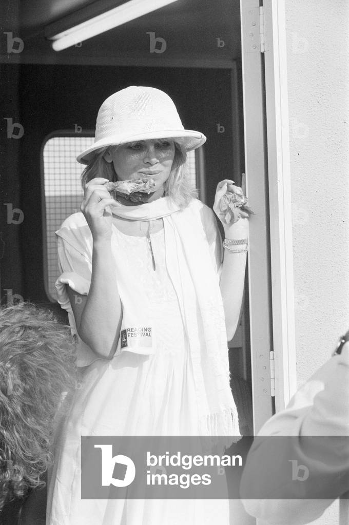 Reading Rock Festival 1980, the 20th National Rock Festival, taking place 22nd to 24th August, at Richfield Avenue, Reading, Pictures Sunday 24th August 1980. Britt Ekland, actress at festival.