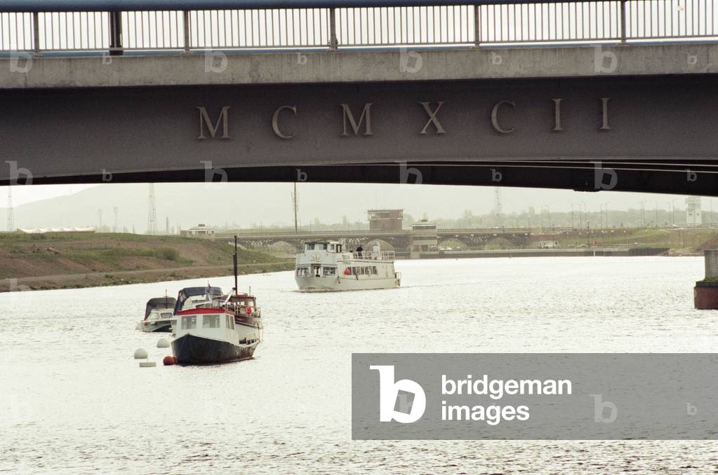 Teesside Princess, based on the River Tees at Stockton, maiden voyage up the Tees from the Tees Barrage to Yarm, stopping at the Castlegate Quay. 15th May 1996 (b/w photo)