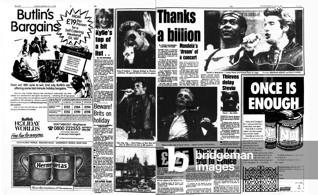 Thanks A bIllion more than 1 billion TV viewers tuned in to watch a 10 hour Nelson Manela, Sunday Mirror Page, Published 12th June 1988 (b/w photo)