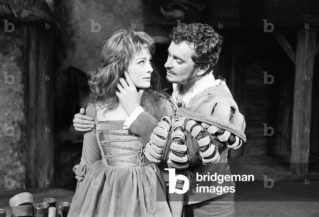 Scene from the production of the Shakespeare play The Taming of the Shrew at the Royal Shakespeare Theatre in tarford Upon Avon. Starring Derek Godfrey as Petruchio, Venessa Redgrave as Katherina and Diana Rigg as Bianca. 22nd April 1962 (b/w photo)