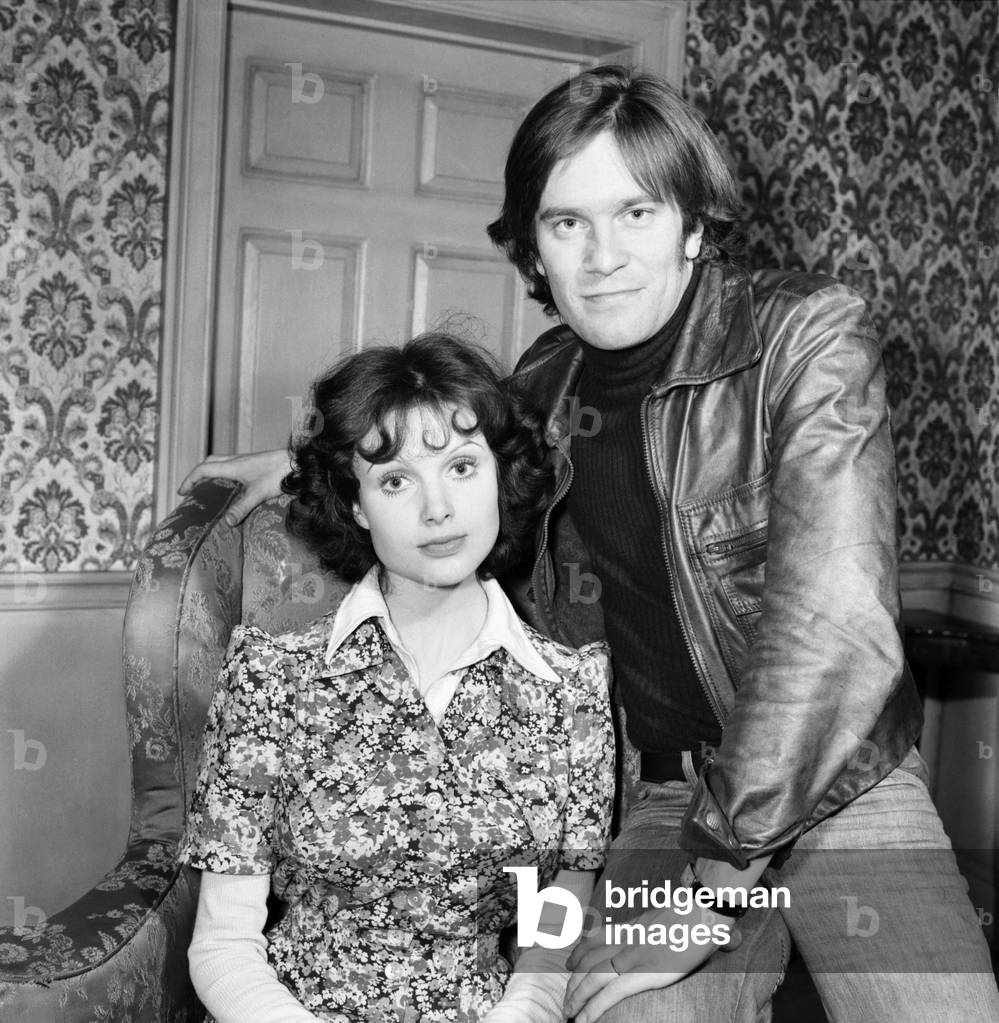 Actor Nicky Henson poses with actress Madeleine Smith. 7th March 1975 (b/w photo)