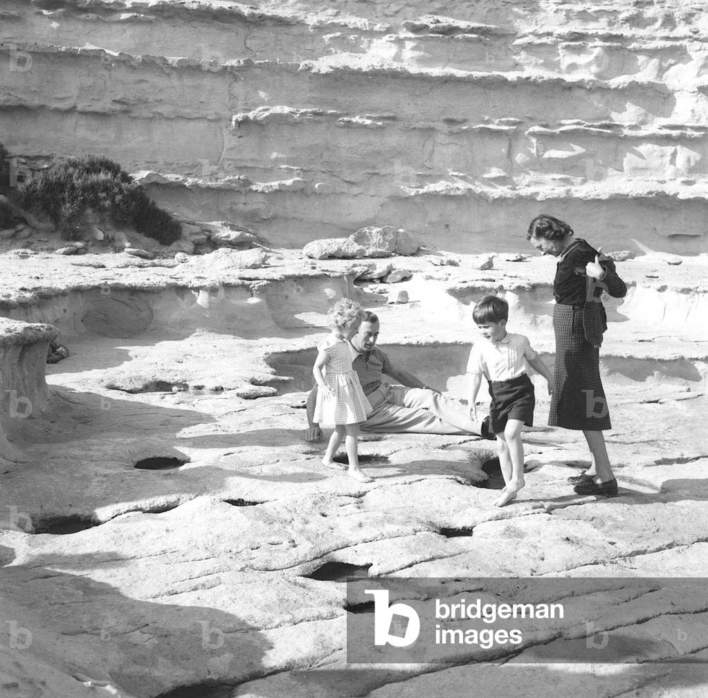 Prince Charles (Future Charles III) Princess Anne & Lord Mountbatten on holiday in Malta, April 1954 (b/w photo)