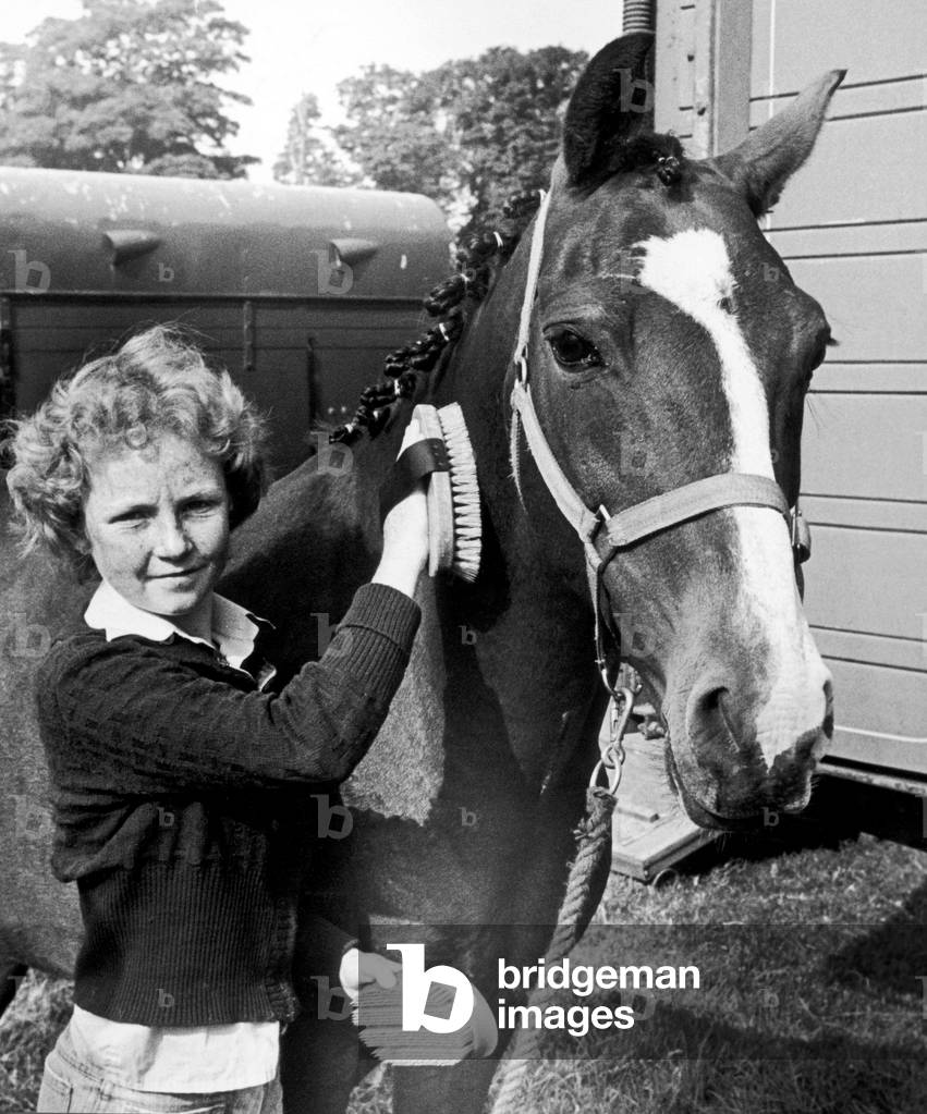 14 year old Julie Simpson brushing a horse at Hutton Rudby agricultural show. 28th August 1978 (b/w photo)