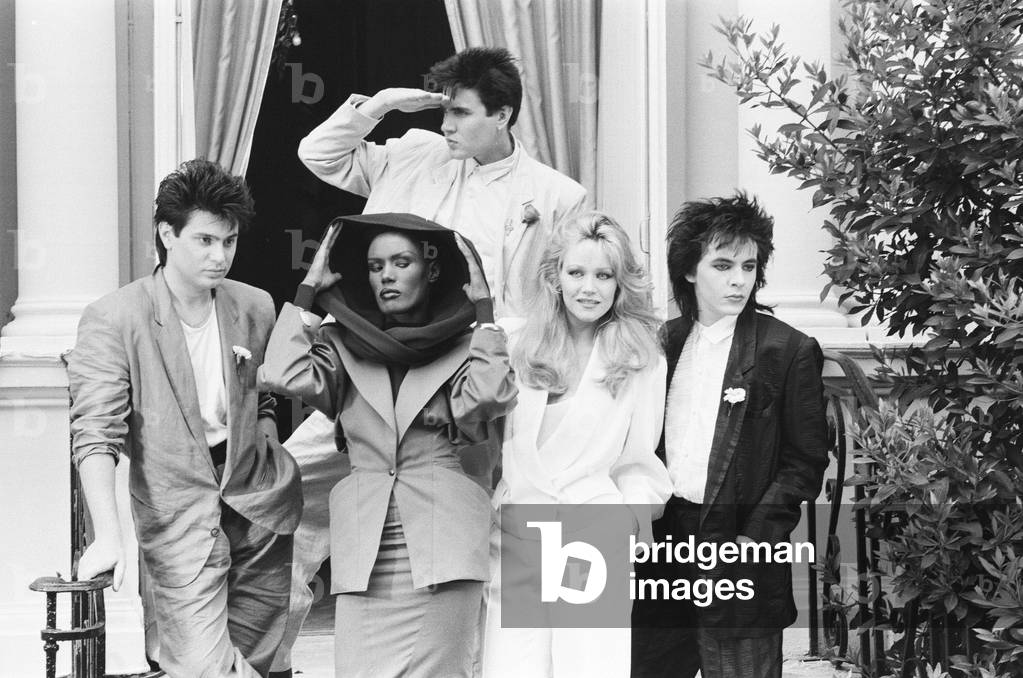 Photo-call, A View to a Kill, new James Bond film, starring actresses Grace Jones and Tanya Roberts, with theme tune by music group Duran Duran, 13th June 1985 (b/w photo)