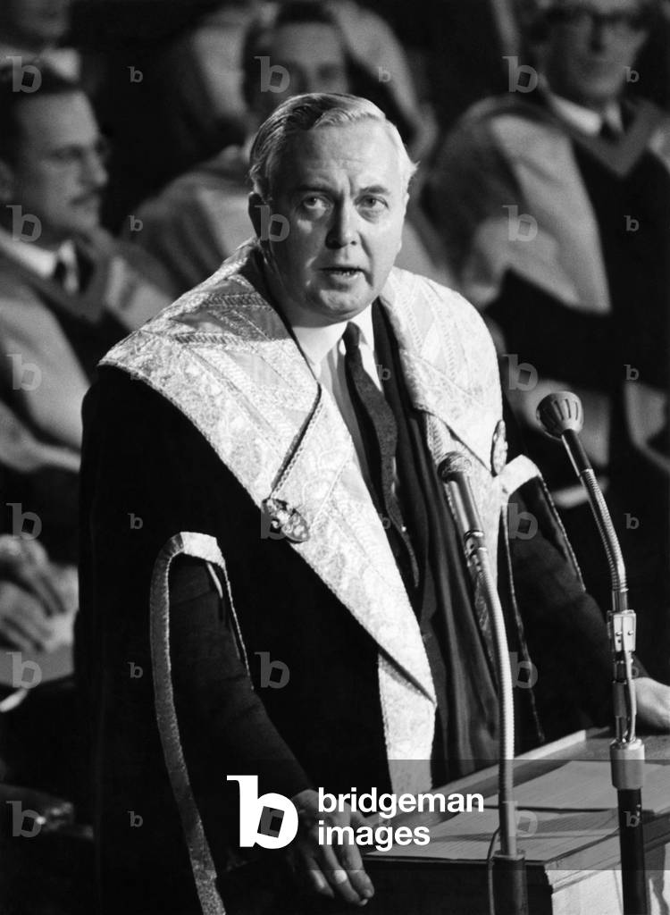 Prime Minister Harold Wilson pictured during his speech after being installed as Chancellor of Bradford University. December 1966