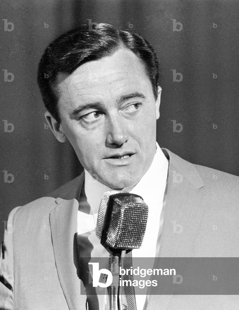 Robert Vaughn, actor who plays the role of secret agent Napoleon Solo in NBC show The Man from U.N.C.L.E., pictured at news press conference, Empire Theatre, LeicesterSquare, London, 22nd March 1966 (b/w photo)