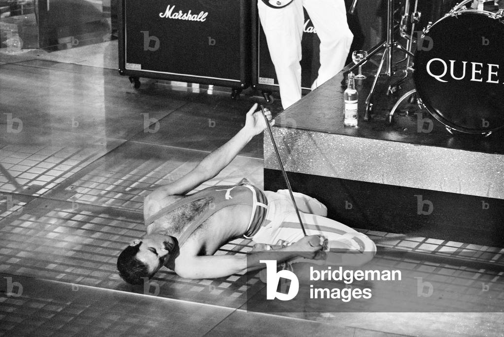 British Rock group Queen performing at the Golden Rose Pop festival in Montreux, Switzerland. Pictured is lead singer Freddie Mercury on stage. 12th May 1984.