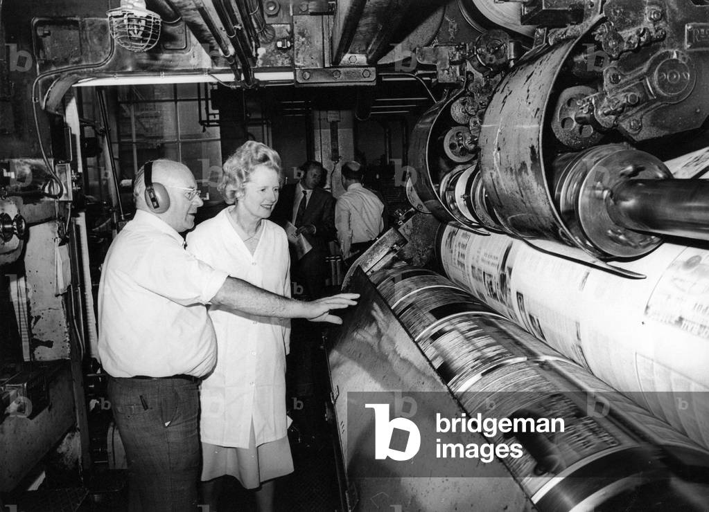 Margaret Thatcher visits the offices of the Newcastle Evening Chronicle and Journal, being shown around the presses by Bob Holland, c. 1970