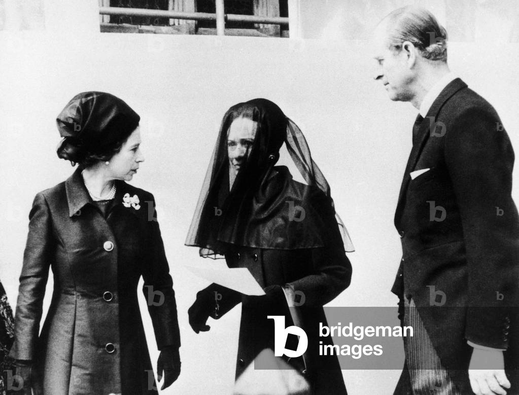 The Queen seen here with the Duchess of Windsor and the Duke of Edinburgh at Windsor Castle for the funeral of Edward VIII The Duke of Windsor. 5th June 1972 (b/w photo)