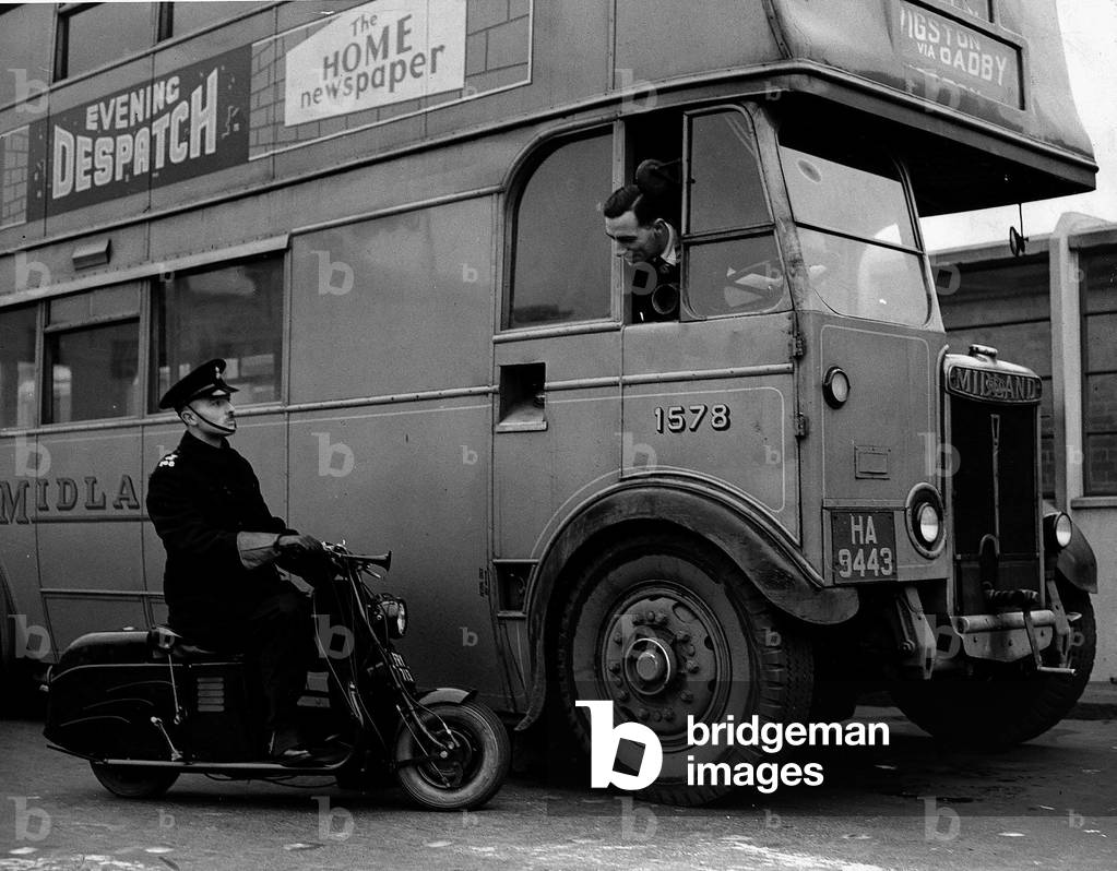 Police Motor Cyclist PC Malcolm Cant in Leicester is part of the experimental motor scooter police, 21/12/1948 (b/w photo)