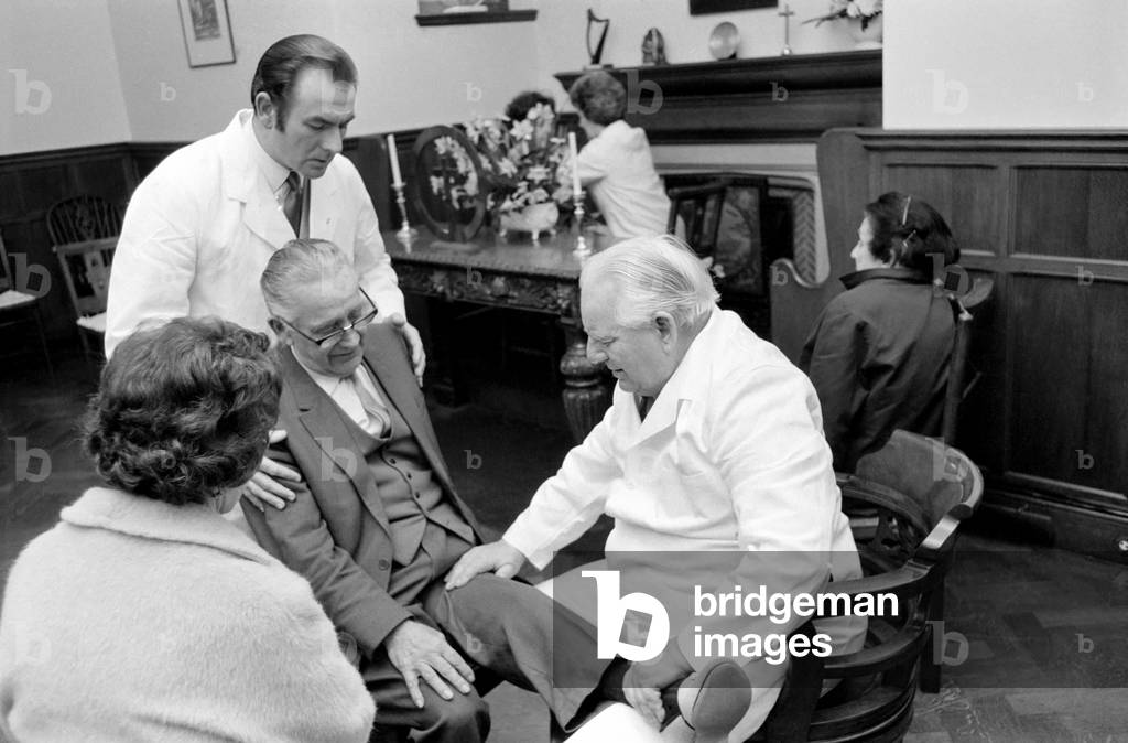 A group of people all suffers from one complaint or another, gathered today at the sanctuary, Burrows Lea, Shere Surrey, 28th February 1972 (b/w photo)