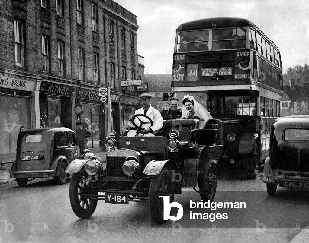 Wedding of Sgt John Evan Leary and Hilda Donaldson-1904 Brown and Jones car used at wedding at Egham. March 1946
