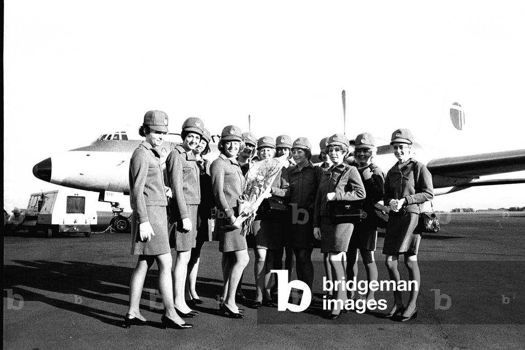 11 air stewardesses who earned their wings after passing the Northeast Airlines air hostess course at Newcastle Airport Training Centre 13 February 1971 (b/w photo)