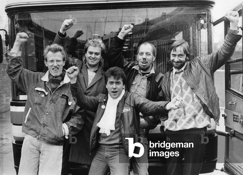 The launch of Lindisfarne's big tour, with band members (left to right) Ray Laidlaw, Steve Daggett, Marty Craggs, Rod Clements and Alan Hull. 14/11/86
