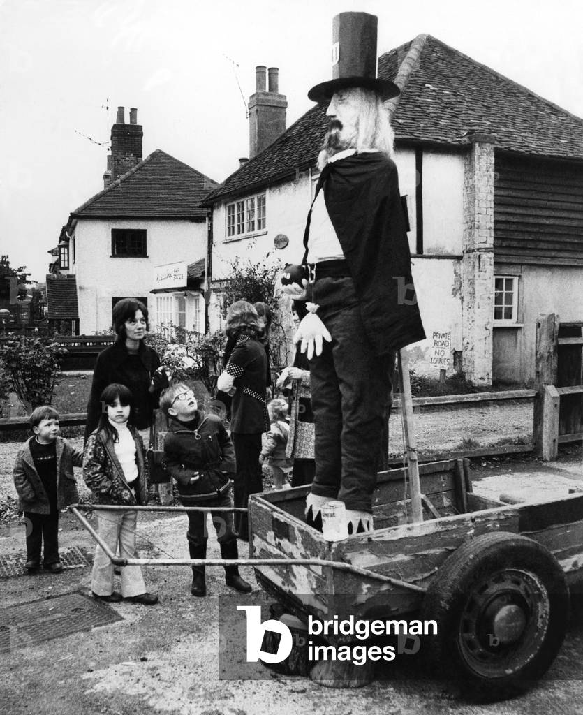 A seven foot Guy made for the Brockham Village Green attempt for their world record attempt at the largest bonfire. 4th November 1972 (b/w photo)