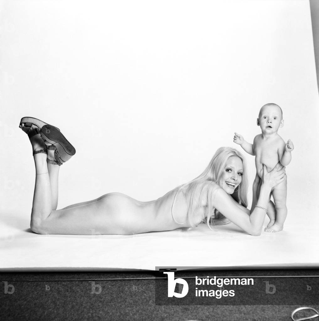 Model Flanagan with son J.J, February 1975 (b/w photo)