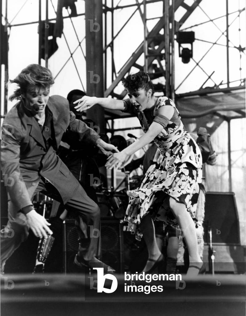 David Bowie, concert at Cardiff Arms Park during his Glass Spider Tour, UK, 1987 (photo)