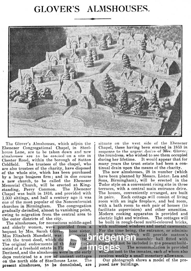 A cutting from the Birmingham Post & Mail relating to the new Glovers Trust Alms-houses, Chester Road, Boldmere, Sutton Coldfield. These will replace the Ebenezer Alms-houses, Steelhouse Lane. They are one bedroom bungalows. Article dated 7th April 1932 (b/w photo)