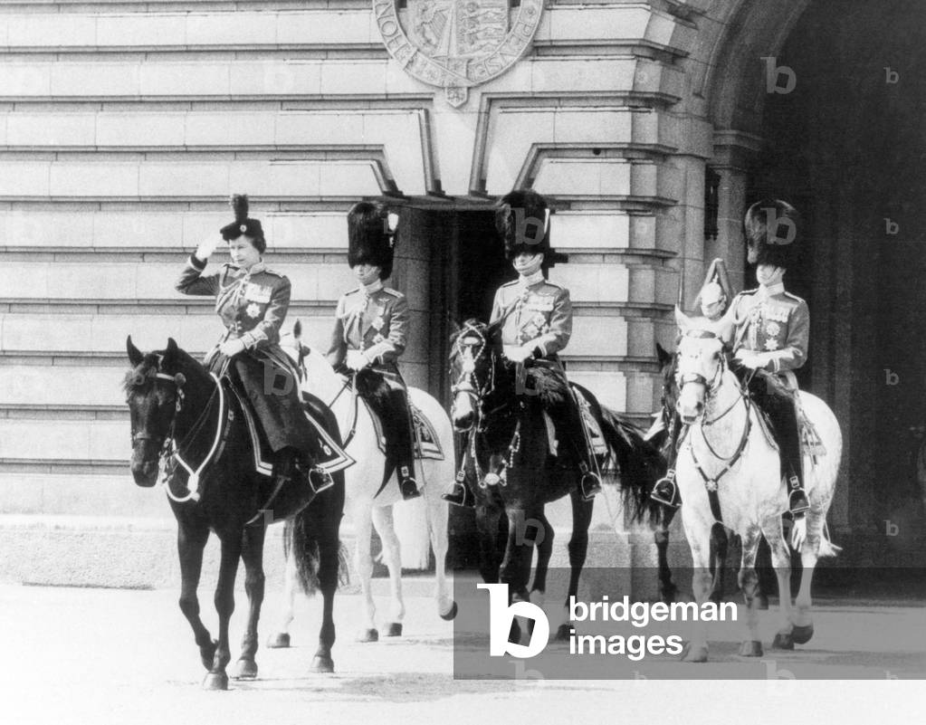 The Queen takes part in Trooping of the Colour ceremony with 2nd Battalion Coldstream Guards, Horse Guards Parade, London, Saturday 12th June 1976 (b/w photo)