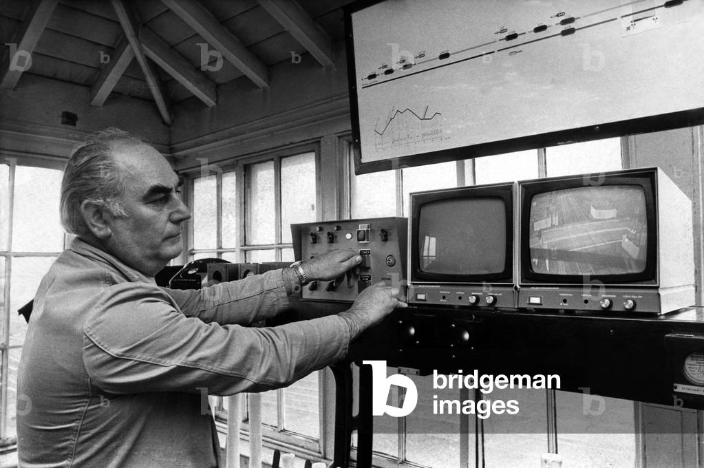 Signalman Ron Challenor in the British Rail signal box at Dudley which has gone over to closed circuit television on 11th September 1973 (b/w photo)