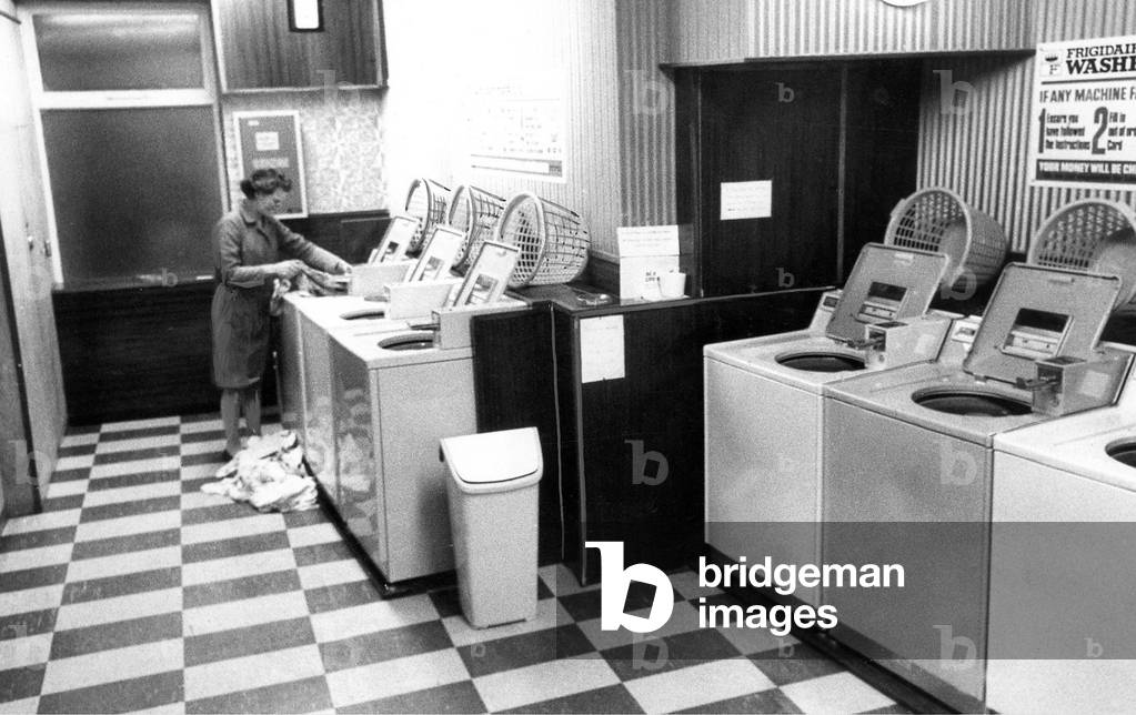 The Washeteria self service laundry and dry cleaning at Burnopfield, A typical laundry in January 1970 (b/w photo)