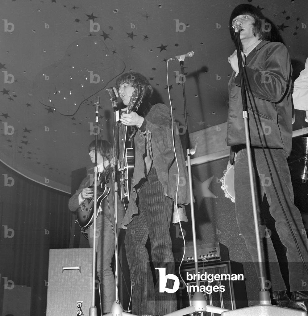 The Byrds performing on stage at The Imperial Ballroom, Nelson, Lancs, 4th August 1965 (b/w photo)