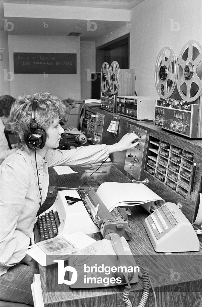 Sue Todd, trainee journalist, pictured in Newsroom of BRMB Radio, Birmingham, 14th February 1974 (b/w photo)