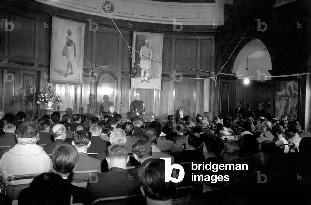 Pandit Jawaharlal Nehru at his press conference held at India House during his visit to the United Kingdom, March 1961 (b/w photo)