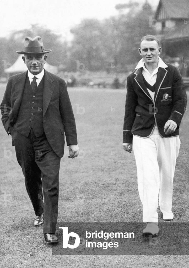 Australian tour of Great Britain for the Ashes. Australian cricketer Stan McCabe (right) and tour treasurer T Howard. June 1930 (b/w photo)