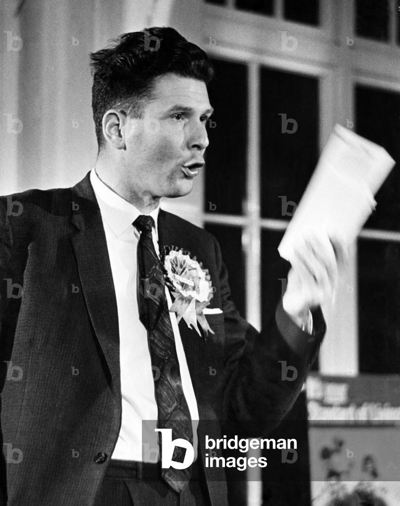Peter Griffiths, Conservative Candidate for Smethwick, speaking at his meeting at Durban Road, Smethwick. 12th October 1964 (b/w photo)