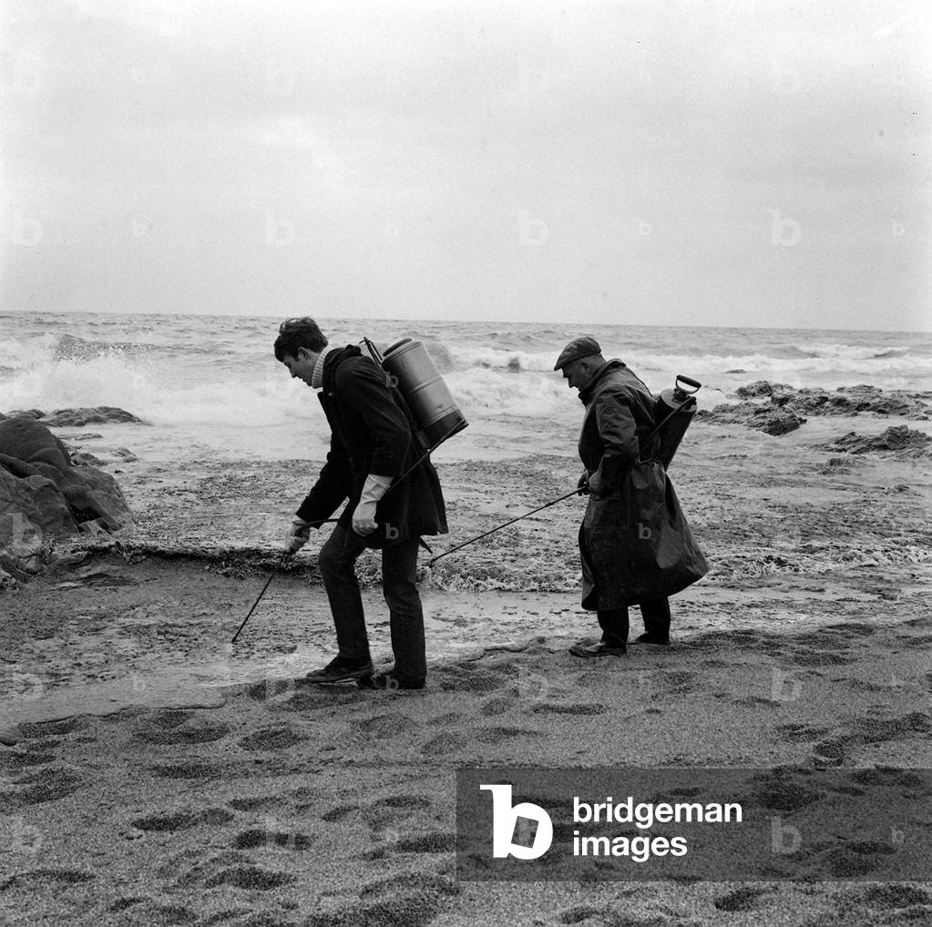 The Torrey Canyon a Crude Oil tanker which sank off the shores of Penzance, Cornwall, 1967 (b/w photo)
