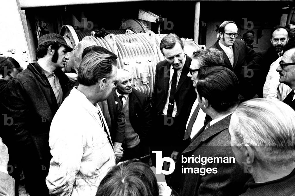 The Minister of Technology Mr. Anthony Wedgewood Benn visiting Palmers Shipyard at Hebburn, May 1970 (b/w photo)