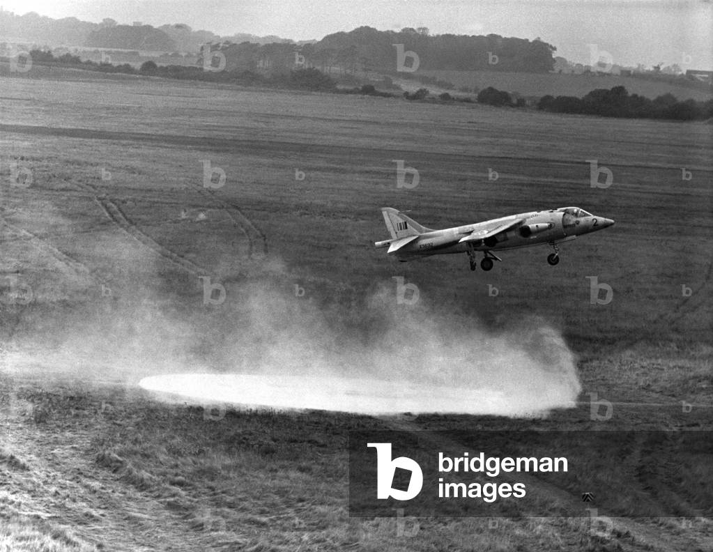 On the disused war time grass airfield of RAF Bircham Newton, Norfolk the world's most futuristic plane squadron has been showing its paces. The International jump jet squadron formed last year to fly the British Kestrel - later development of the Hawker Siddeley P1127, September 1965 (b/w photo)