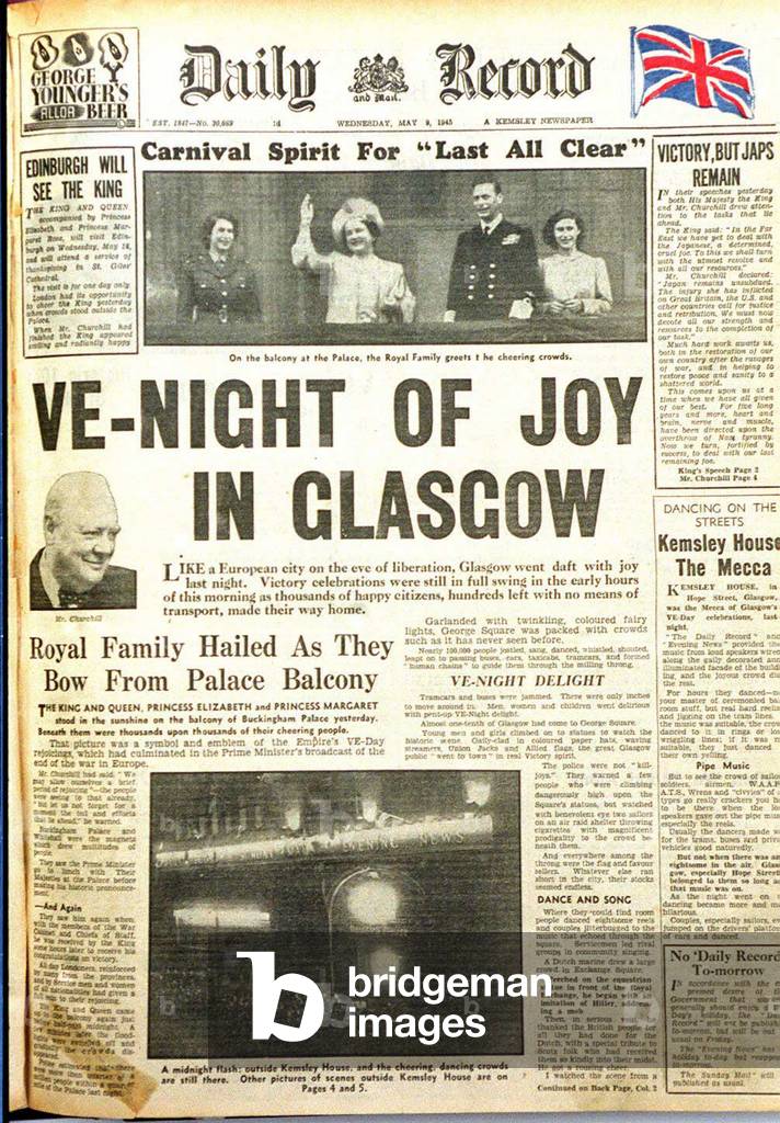 Front page of the Daily Record from with the headline VE-Night of Joy in Glasgow, May 1945 (b/w photo)