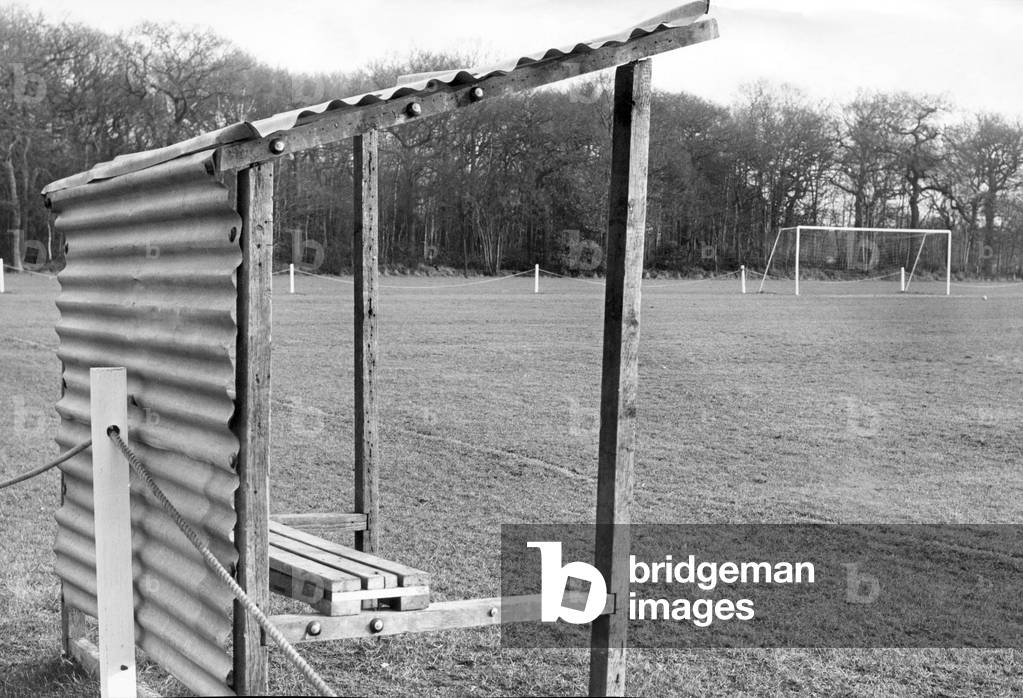 The only covered accommodation at Highgate United F. C's ground - the trainers bench. 15th February 1967 (photo)